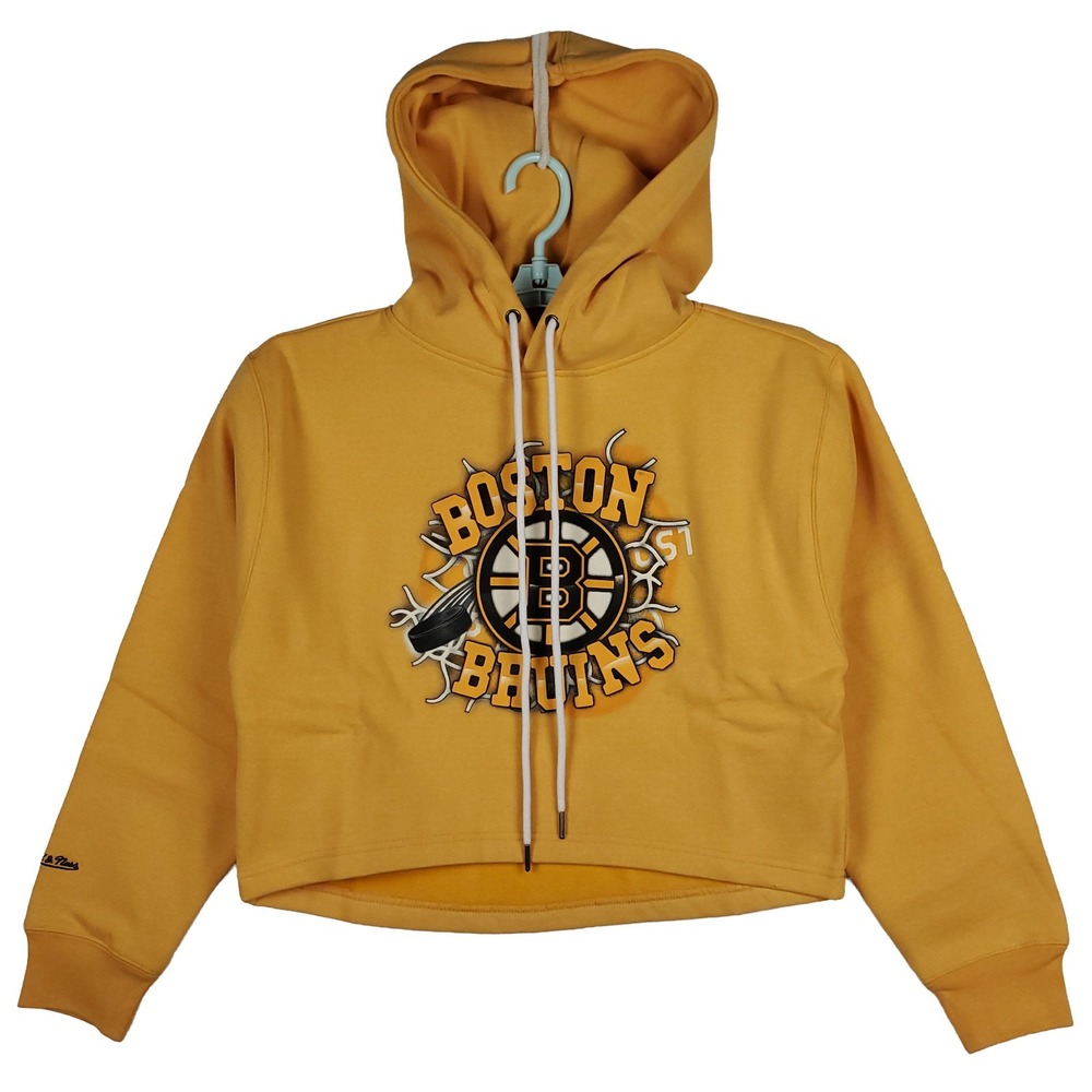 Boston Bruins Mitchell & Ness NHL Womens Medium Crop Top Hoodie Yellow New